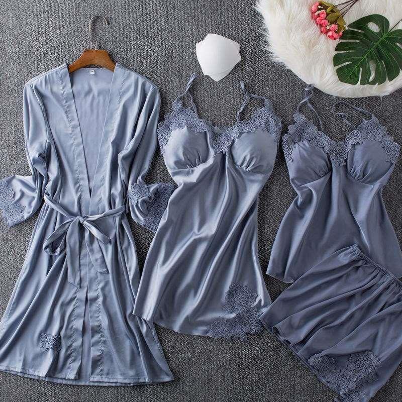 带睡衣女夏睡裙网红春秋睡衣女夏性四件丝套冰吊感睡袍带胸EUR垫