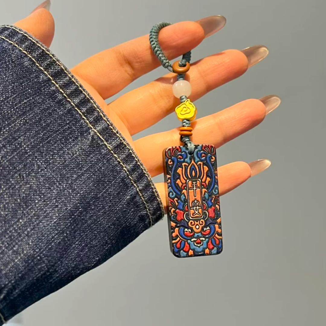 国风彩绘檀木平安牌手工编织中国结钥匙扣复古文艺彩绘国潮包挂件