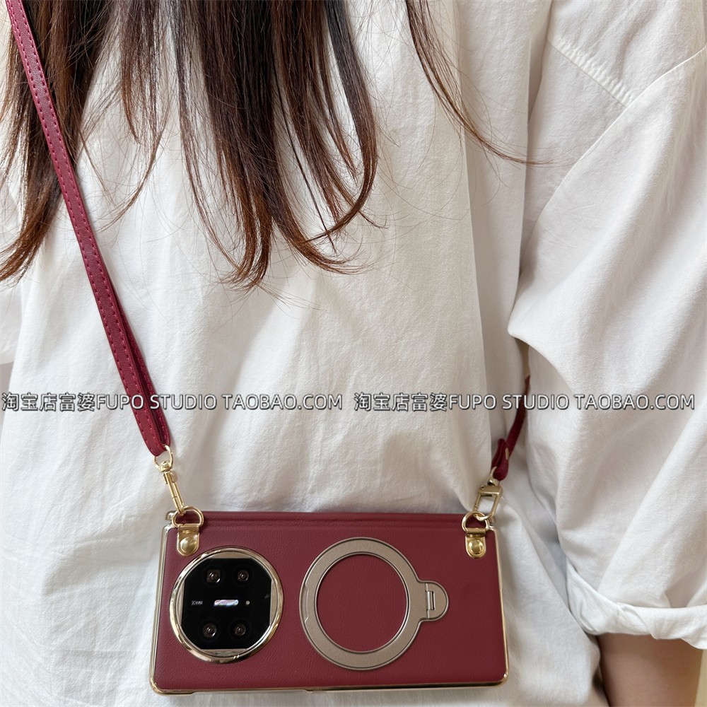 适用华为Mate X6手机壳折叠屏X5典藏版保护套xfold3Pro新款vivo xfold5酒红全包中轴一体支架OPPO N5挂绳斜挎