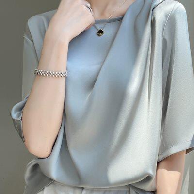 真丝t恤女圆领顺滑半袖桑蚕丝褶皱缎面上衣时尚宽松夏季新款薄款