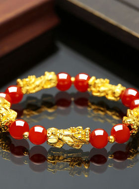 越南沙金貔貅手链男女黑曜石镀金手串招财佛珠首饰转运久不掉色