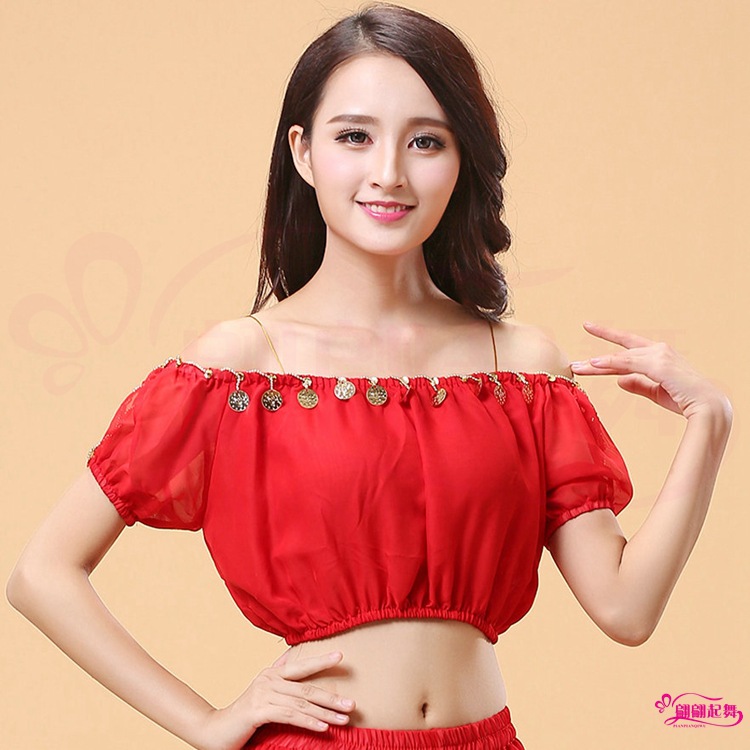 新疆舞民族舞印度舞蹈表演出服健身舞蹈服肚皮舞雪纺灯笼短袖上衣