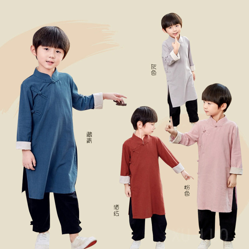 男童秋季棉麻汉服长袍马褂
