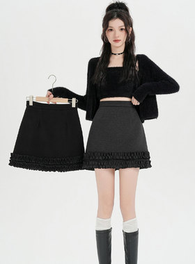 灰色木耳边毛呢半身裙女装秋冬高腰显瘦包臀a字小个子防走光短裙