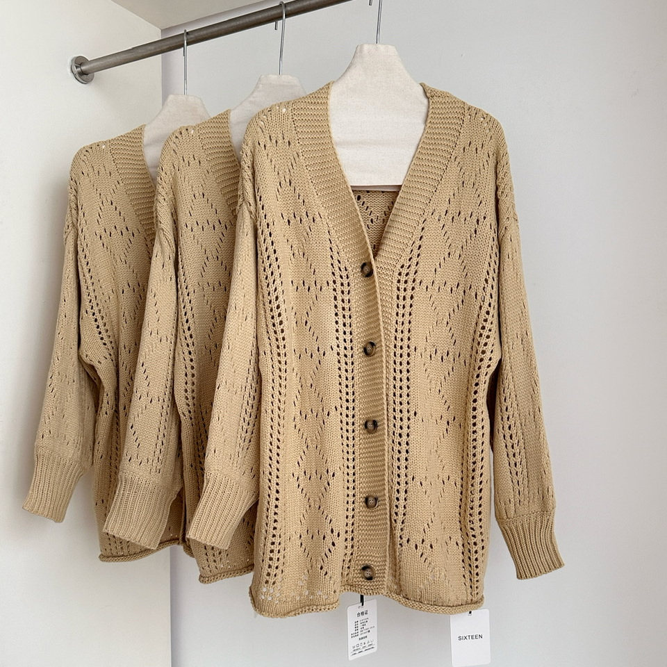 休闲宽松镂空长袖毛衣外套女秋