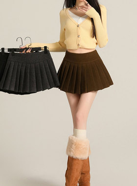 毛呢短裙半身裙女秋超好看冬裙高腰黑色百褶裙A字梨形伯克利裙子