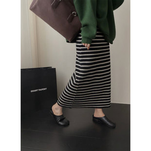 2026春季新款韩版慵懒系撞色条纹针织半身裙女高腰显瘦直筒中长裙