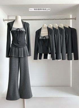 灰色蝴蝶结波点坎肩长袖t恤女春秋冬修身内搭打底衫纯欲辣妹上衣