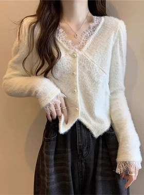 黑色蕾丝v领针织开衫女26春秋温柔软糯内搭打底衫毛衣巨好看上衣