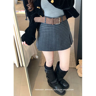 辣妹复古格子毛呢短裙女2026春夏新款开叉a字半身裙防走光裙裤子