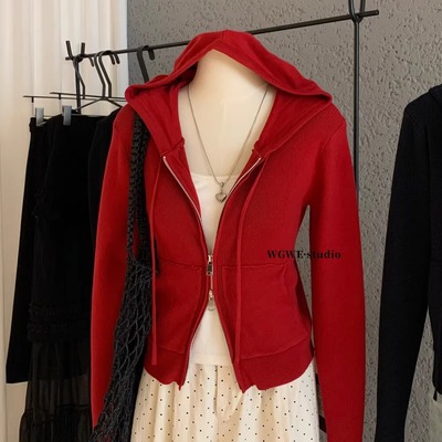 拉链长袖连帽短款毛衣外套女装秋