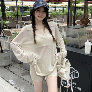 穿搭一整套装 POLO翻领防晒罩衫 子秋装 宽松薄针织T恤上衣 针织短裤