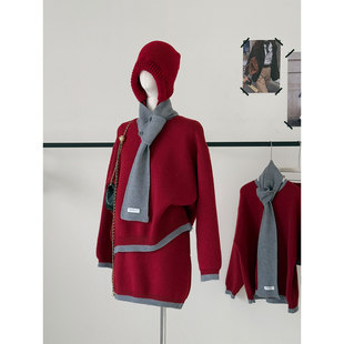 针织短裙ootd穿搭 红色毛衣女 超好看深冬装 一整套慵懒风撞色厚款