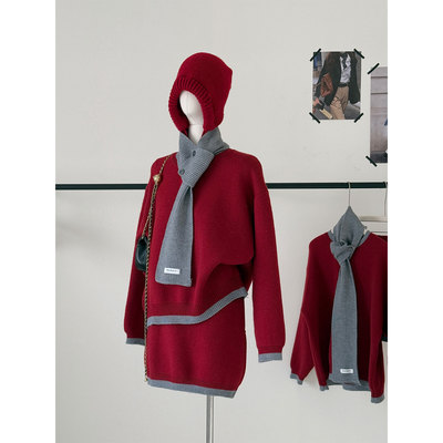 厚款红色毛衣女+针织短裙一整套