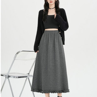 超好看冬装 半身裙加绒灰色毛呢半裙气质高腰梨形遮胯加厚A字长裙