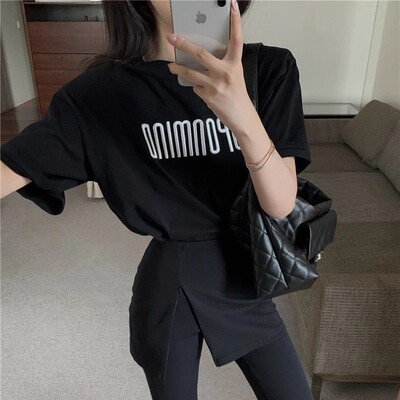 带垫肩宽松刺绣短袖T恤女2025
