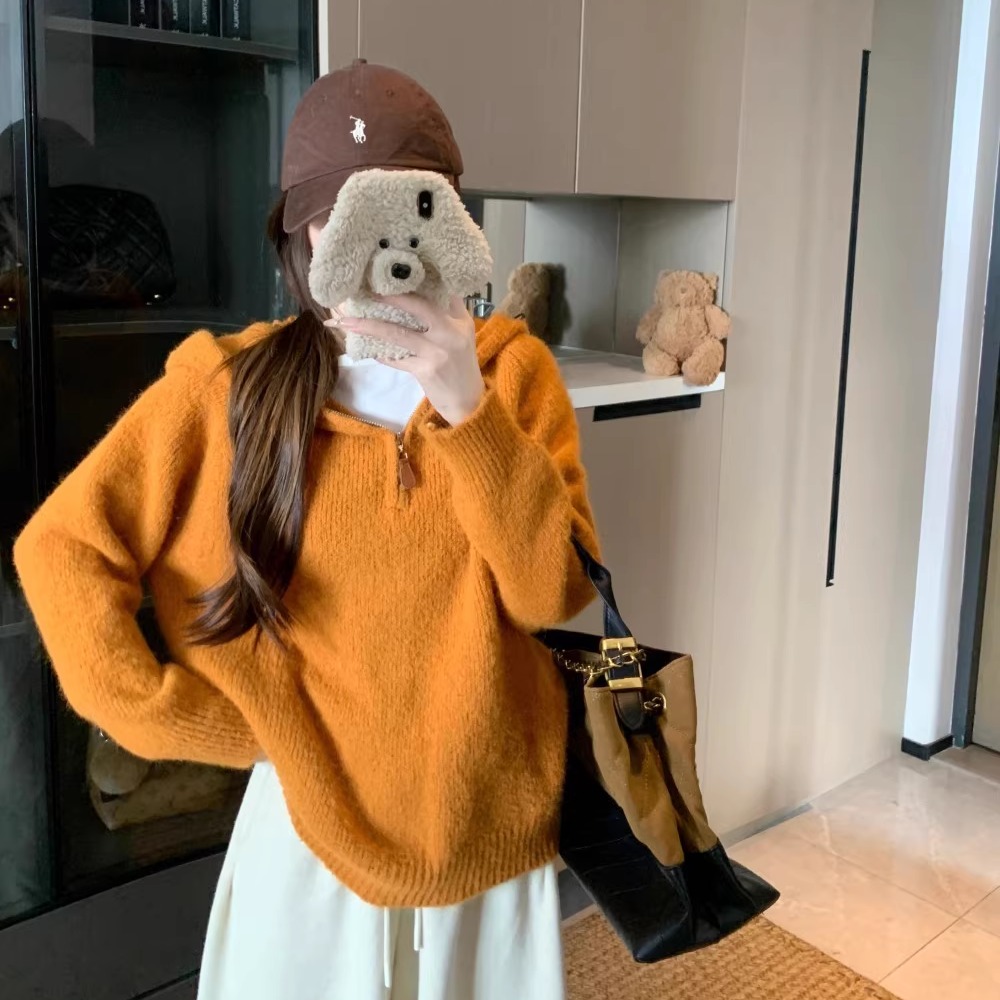 韩系慵懒半拉链连帽毛衣女加厚秋