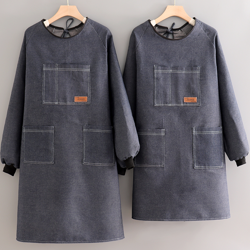 长袖耐磨牛仔围裙加肥加大工作服帆布女罩衣