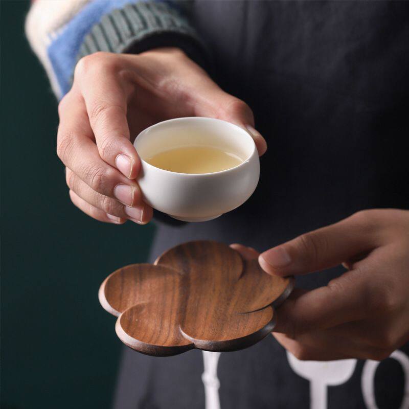 工厂 黑胡桃木实木杯垫创意圆形花朵垫子木质隔热功夫茶杯杯垫
