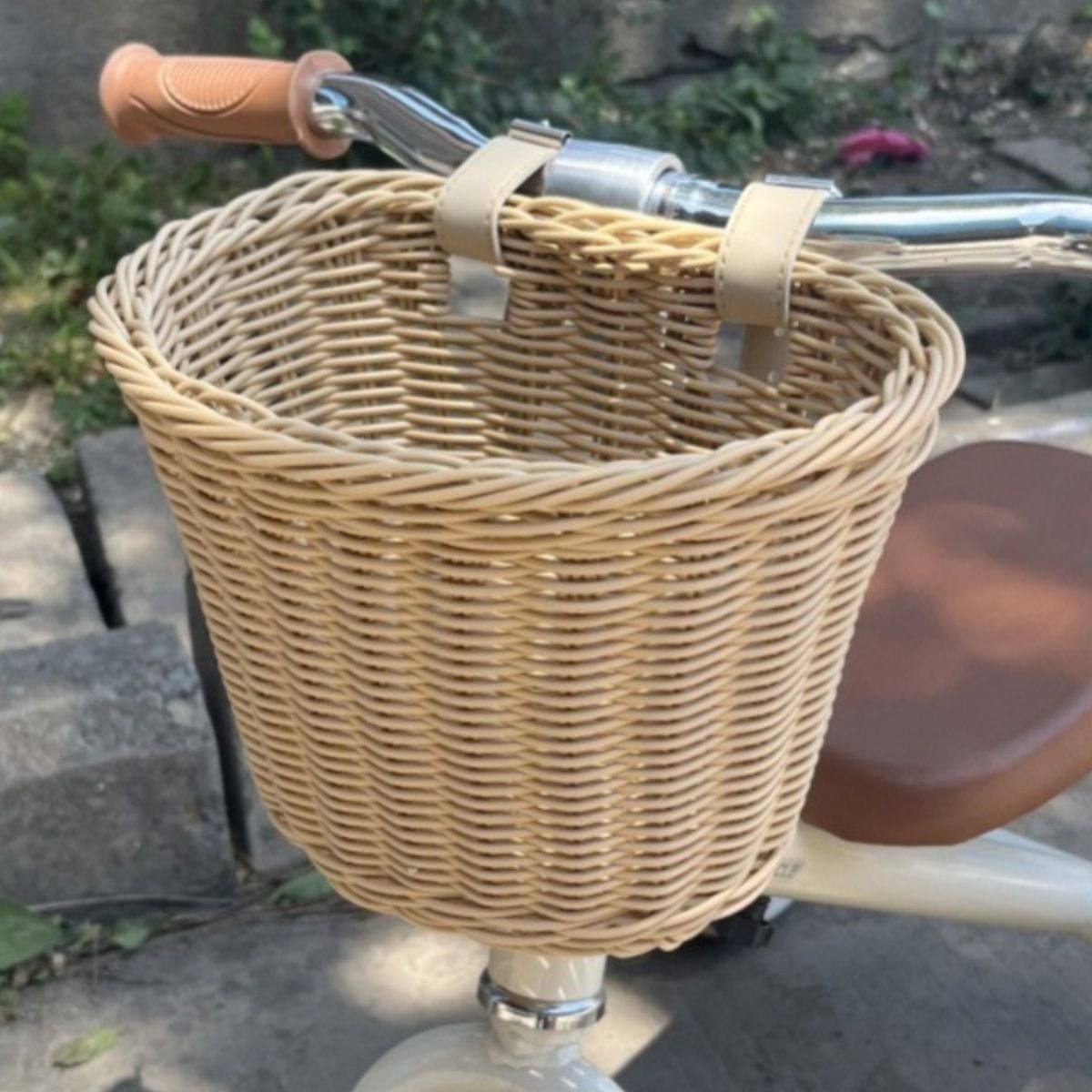 少儿自行车塑料车篮复古藤编车筐平衡车编织前篮筐溜娃车篮子配件