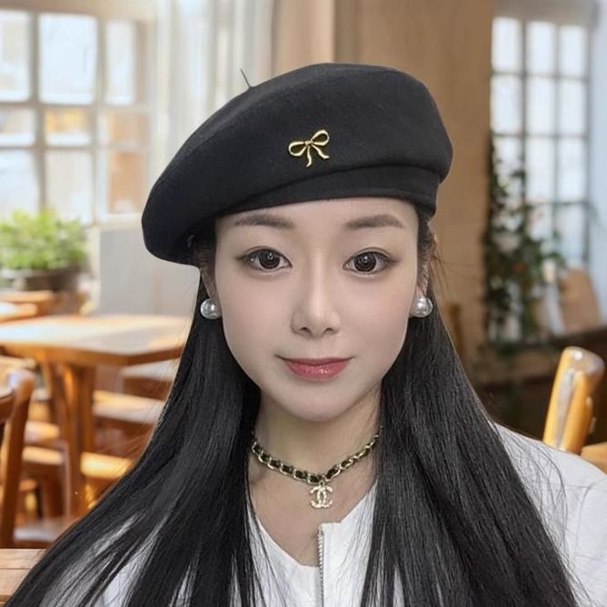黑色贝雷帽女2025新款甜美蝴蝶结金属标画家帽文艺复古气质蓓蕾帽