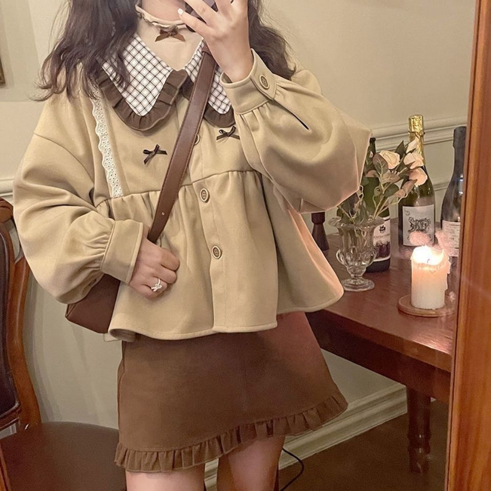 秋冬套装女学生韩版日系少女娃娃领拼接花边外套短裙两件