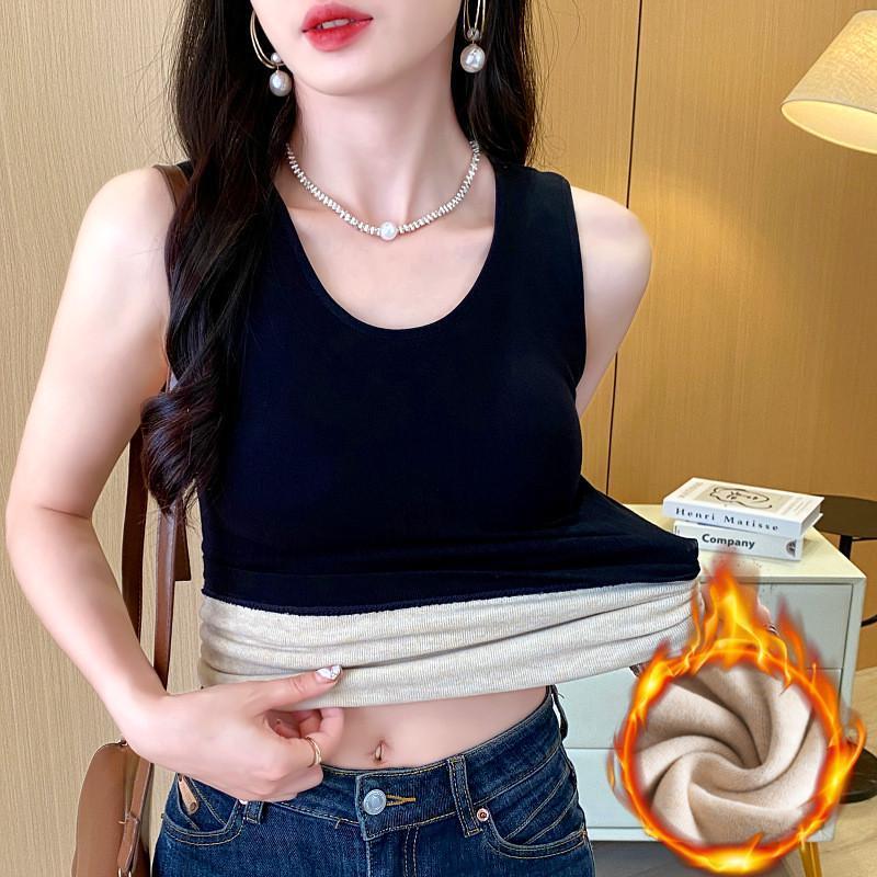 加绒保暖背心女打底衫加厚秋冬圆领带胸垫内搭修身上衣打底衫外穿