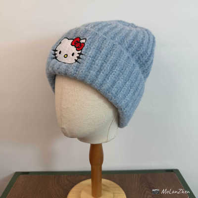 日系可爱Kitty蓝色毛线帽学生情侣秋冬保暖护耳防寒大头围针织帽