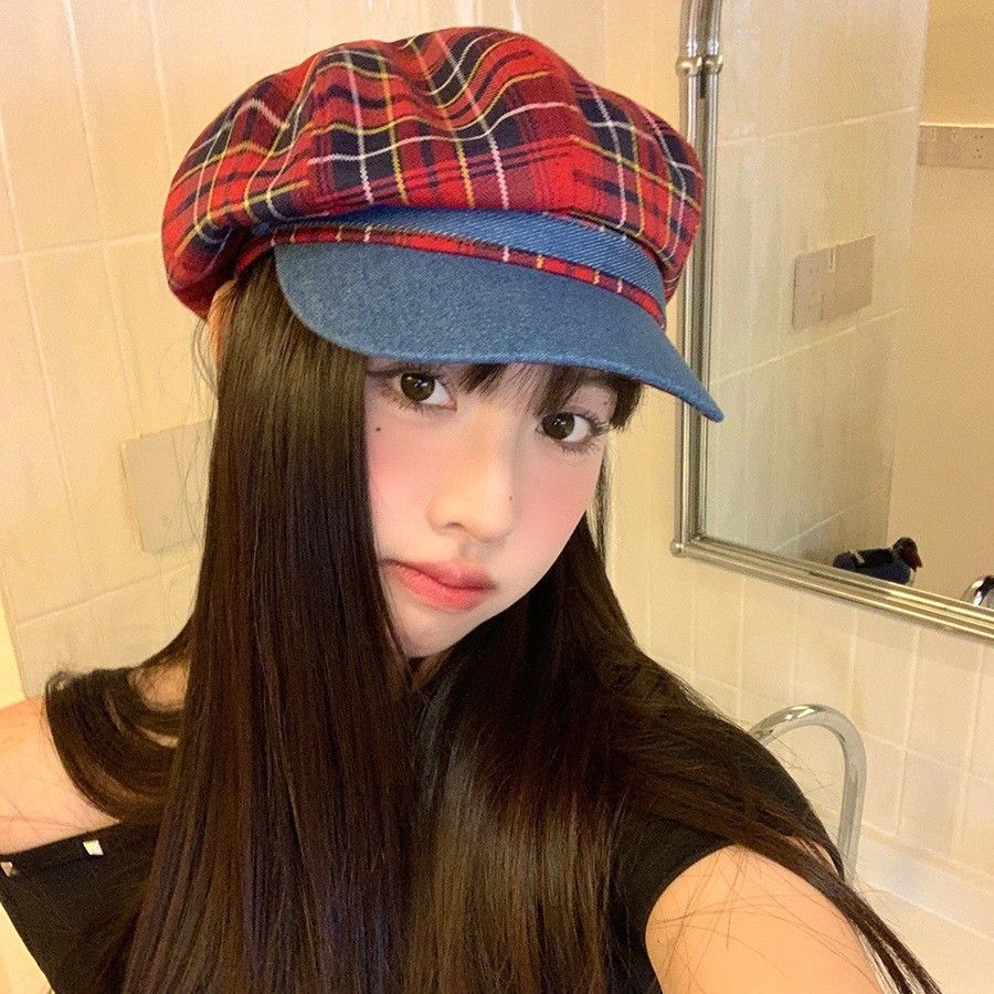 2025新款时尚休闲遮阳报童帽格纹八角帽显脸小牛仔拼色贝雷帽女夏