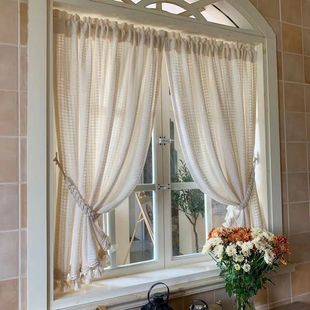 美式日式北欧棉麻遮光窗帘免打孔窗纱帘魔术贴透光不透人隔断飘窗