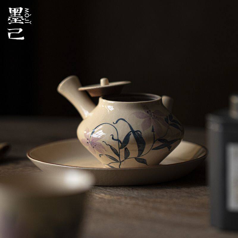 墨己化妆土日式侧把壶功夫茶具粗陶手绘百合花泡茶壶球孔过滤小壶