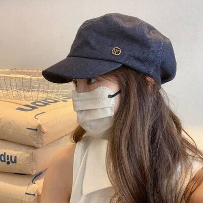 日系复古水洗做旧牛仔平顶帽女时尚百搭报童帽画家帽