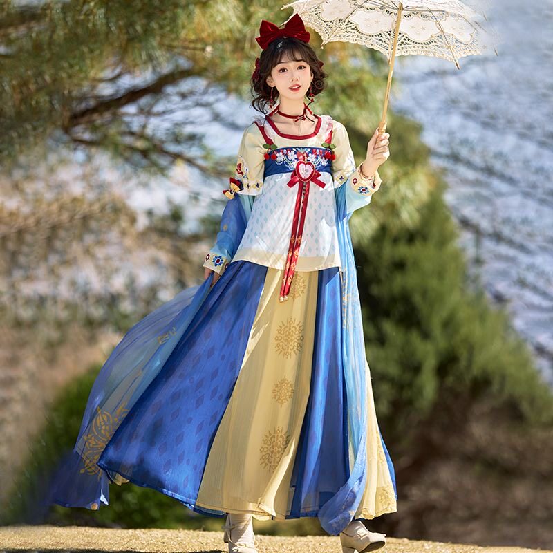 慕夏离人归【白雪】童话风绣花坦领半臂破裙围裳唐制汉服女套装