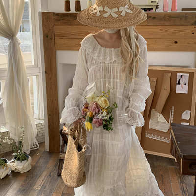 sewingdiary原创手工缝纫Puff Coconut泡芙椰椰褶皱蕾丝连衣裙