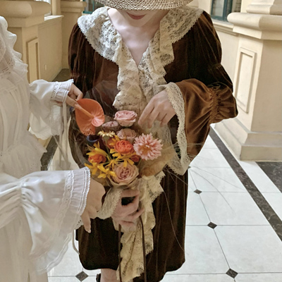 【咨询享优惠】原创手工缝纫 鎏金岁月  金棕色丝绒蕾丝连衣裙