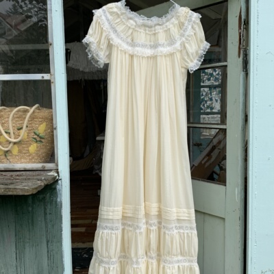 SewingDiary原创手工缝纫 温莎香草 定染奶油黄蕾丝连衣裙