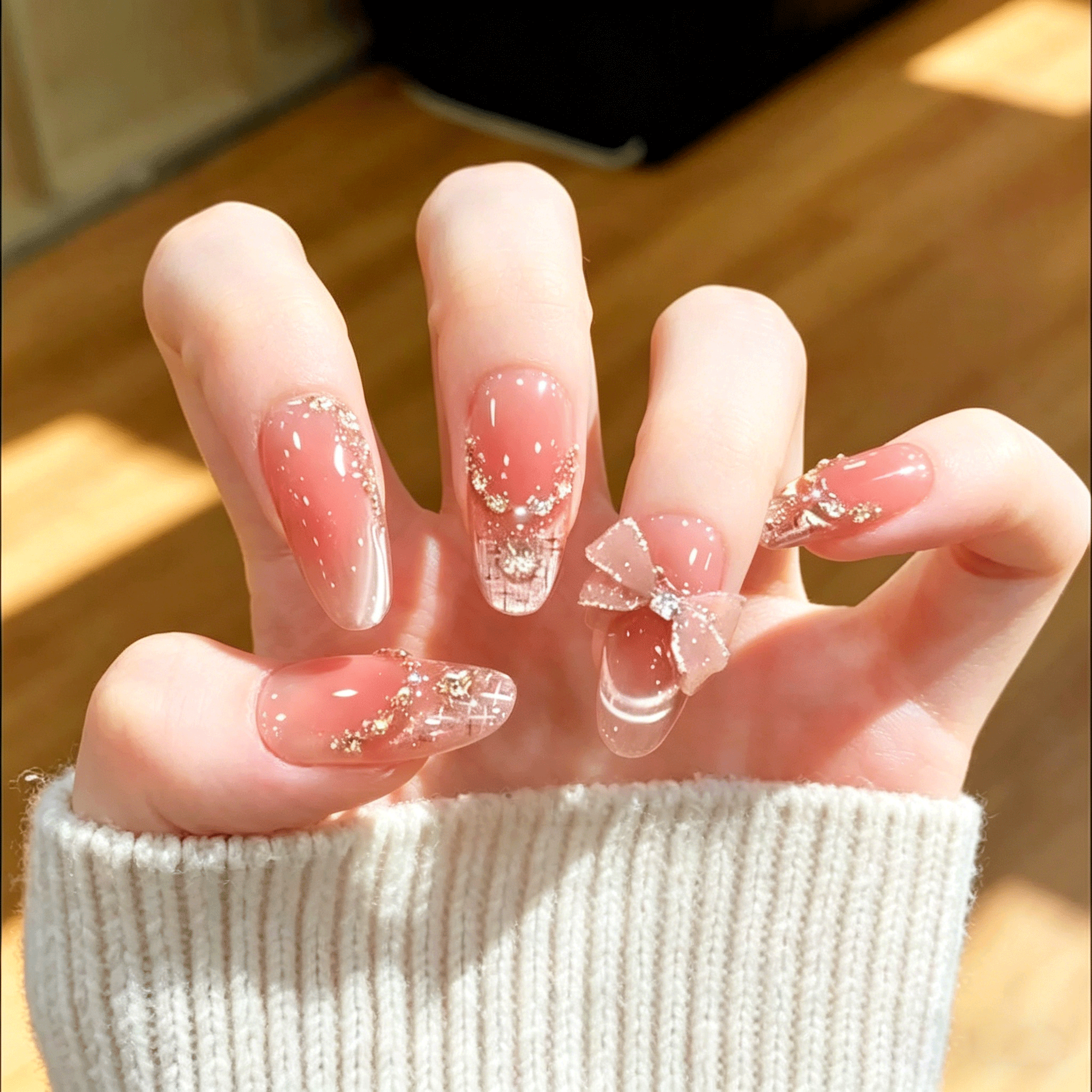 法式甜美粉色渐变手工穿戴甲蝴蝶结甲片美甲成品假指甲贴片高级感