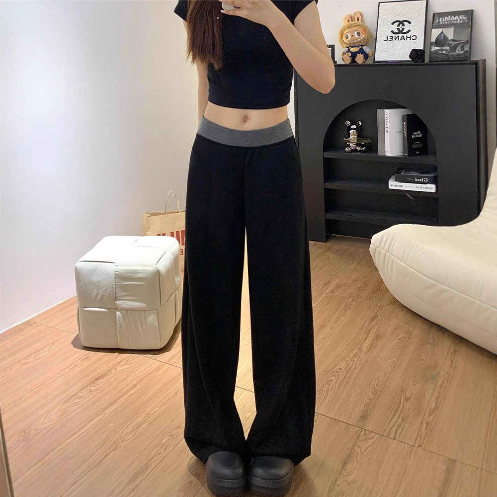 黑色阔腿拼接休闲运动裤秋季新款高腰宽松显瘦阔直筒拖地裤子
