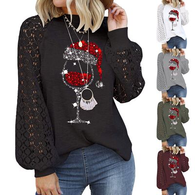 Women Wine Glass Christmas Hat Black Long Sleeve T Shirt