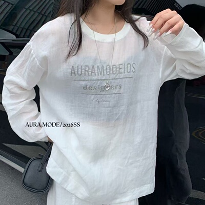 Aura mode夏季新款慵懒风白色字母长袖T恤女宽松罩衫上衣516