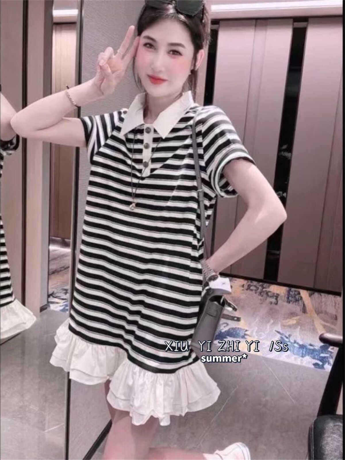 绣罗衣尚琇衣之艺新款欧货条纹中长款立体荷叶边T恤连衣裙女413
