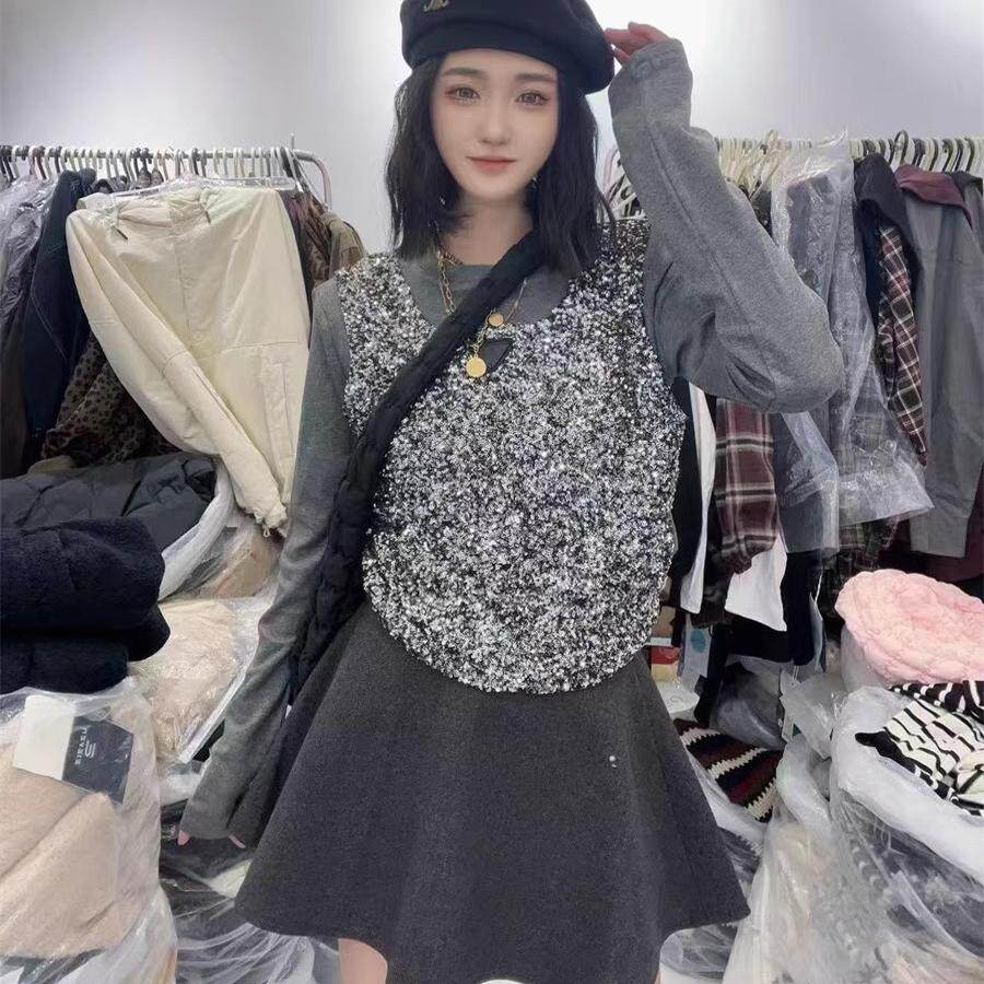欧洲站秋冬新款休闲百搭圆领亮片假两件长袖T恤女上衣1210