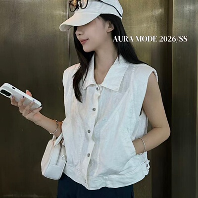 Aura mode欧洲站夏季新款白色翻领无袖马甲女百搭显瘦舒适上衣519