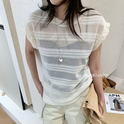 Aura mode夏季新款轻熟简约风圆领短袖镂空小衫女薄款上衣523