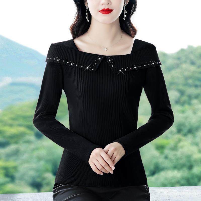 MONLOUVE法式小香风方领长袖t恤女2025秋季新款洋气修身显瘦打底