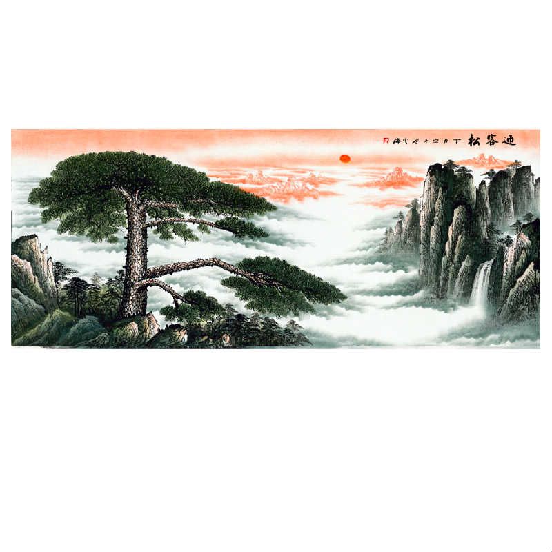迎客松山水画国画大幅风景画松树瀑布云海装饰画微喷宣纸画