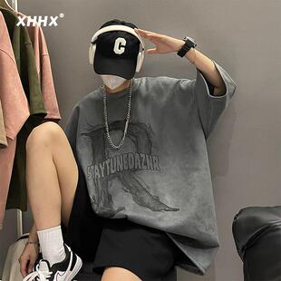 美式复古涂鸦短袖麂皮绒T恤男夏季欧美风ins高街潮牌情侣装五分袖