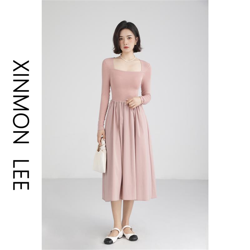 XinmonLee温柔风气质显瘦连衣裙子女春新款法式方领长袖拼接长裙