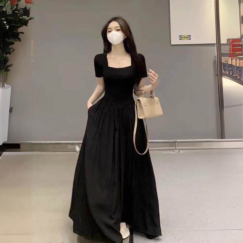 高个子女生方领连衣裙女夏季法式加长款到脚踝黑色短袖针织超长裙