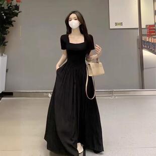 高个子女生方领连衣裙女夏季法式加长款到脚踝黑色短袖针织超长裙